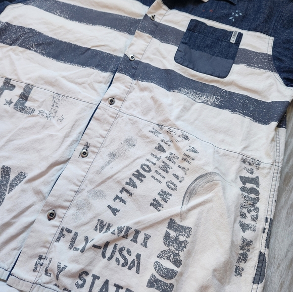 Born Fly Blue White Stripe Button Down Short Sleeve Large Logo 100% Cotton 3XL - Picture 2 of 10